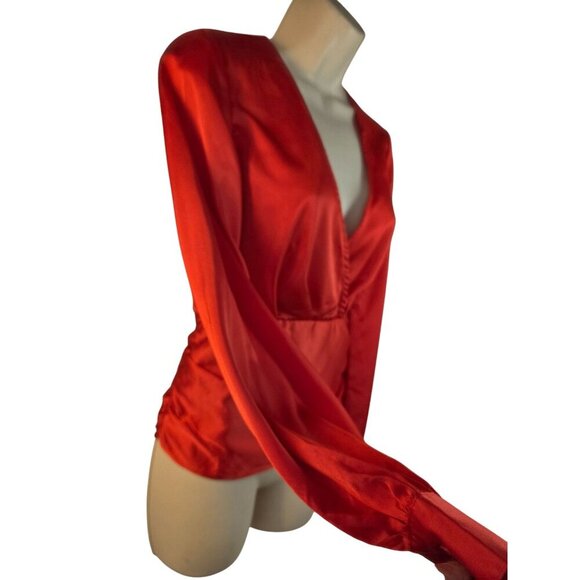 Nasty Gal Red Satin Ruched Wrap Style Blouse Size 2 Long Cuff Slv Plunging VNeck - Picture 5 of 9